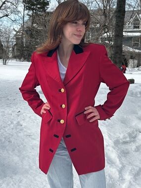 Vintage 1990s Le Chateau Red Equestrian Blazer with Black Trim and Gold Buttons